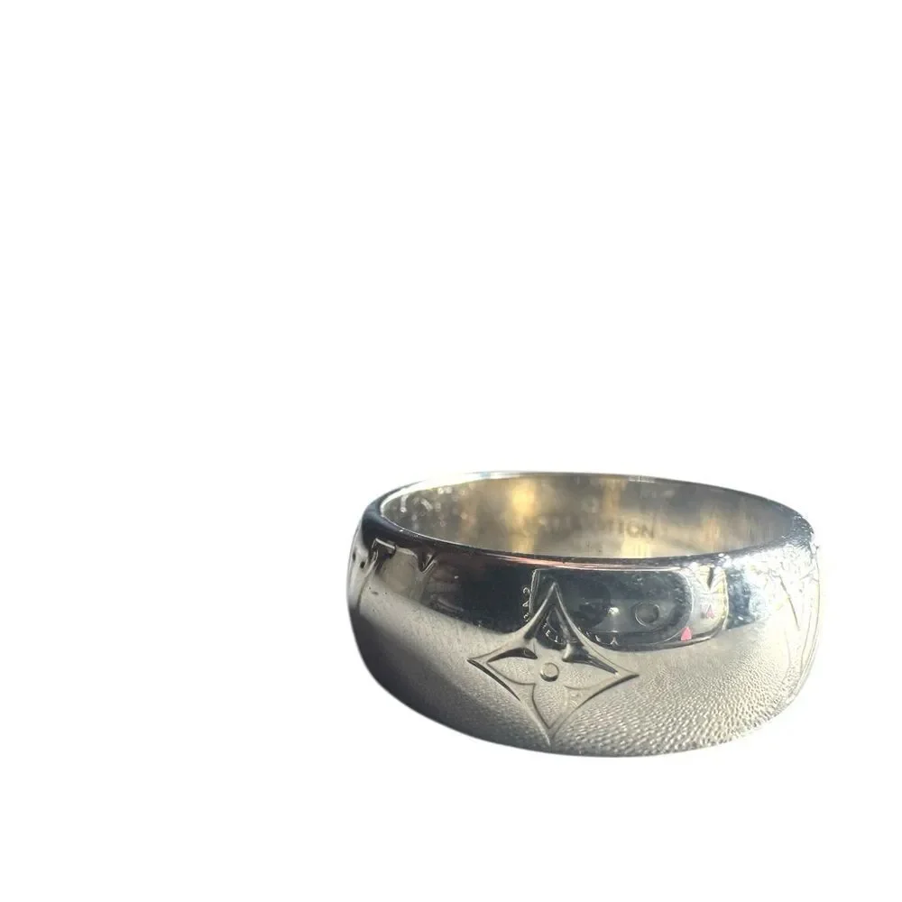 Louis Vuitton Silver Monogram & Fleur-De-Lis Ring M62485 Band Ring Auth